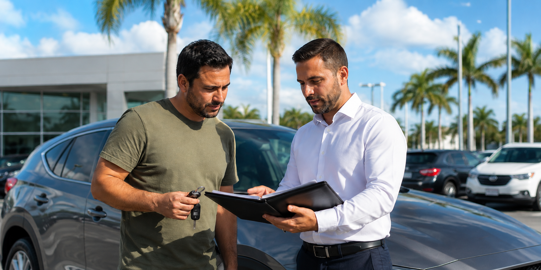 Consultor entregando chaves e documentos do carro para cliente em concessionária na Flórida